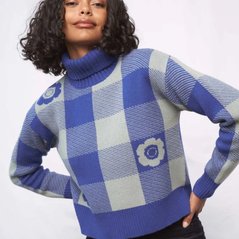 NWT United by Blue Lagoon Floral Buffalo Plaid Sweater